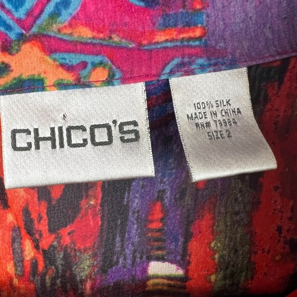 Chico's Silk Bright Abstract Mixed Printed Blouse Size 2 (L) Art to Wear  Artsy - Picture 3 of 7